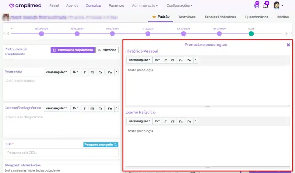 Tela de app para psicólogos clínicos com prontuário