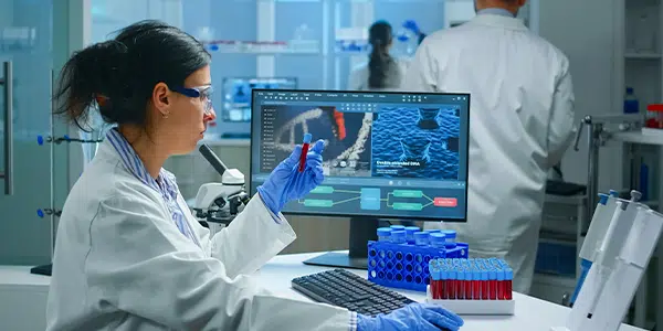 Pesquisadora analisando tubo de ensaio