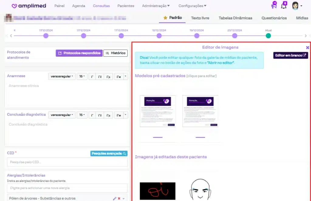 Tela de editor de imagens do prontuário