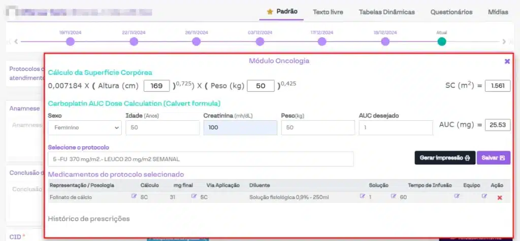 Tela do sistema Amplimed no módulo oncologia