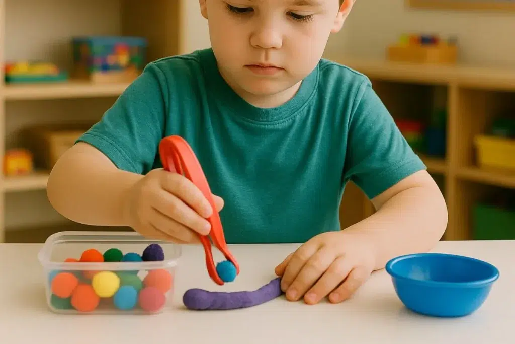 Criança realizando atividade com pinça e bolinhas coloridas, usada em atividades pedagógicas para autismo.
