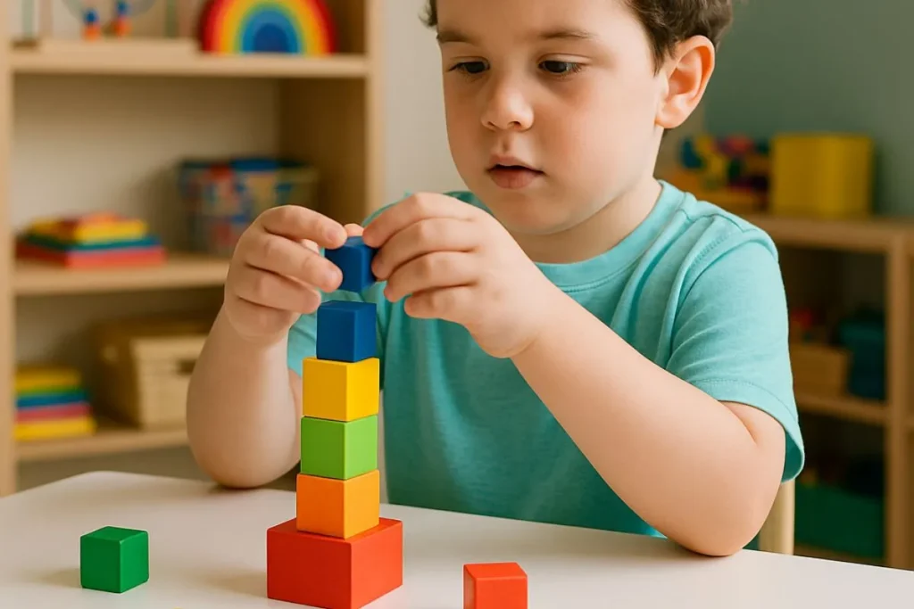 Criança realizando atividade pedagógica com blocos de encaixe, usada em terapias de autismo
