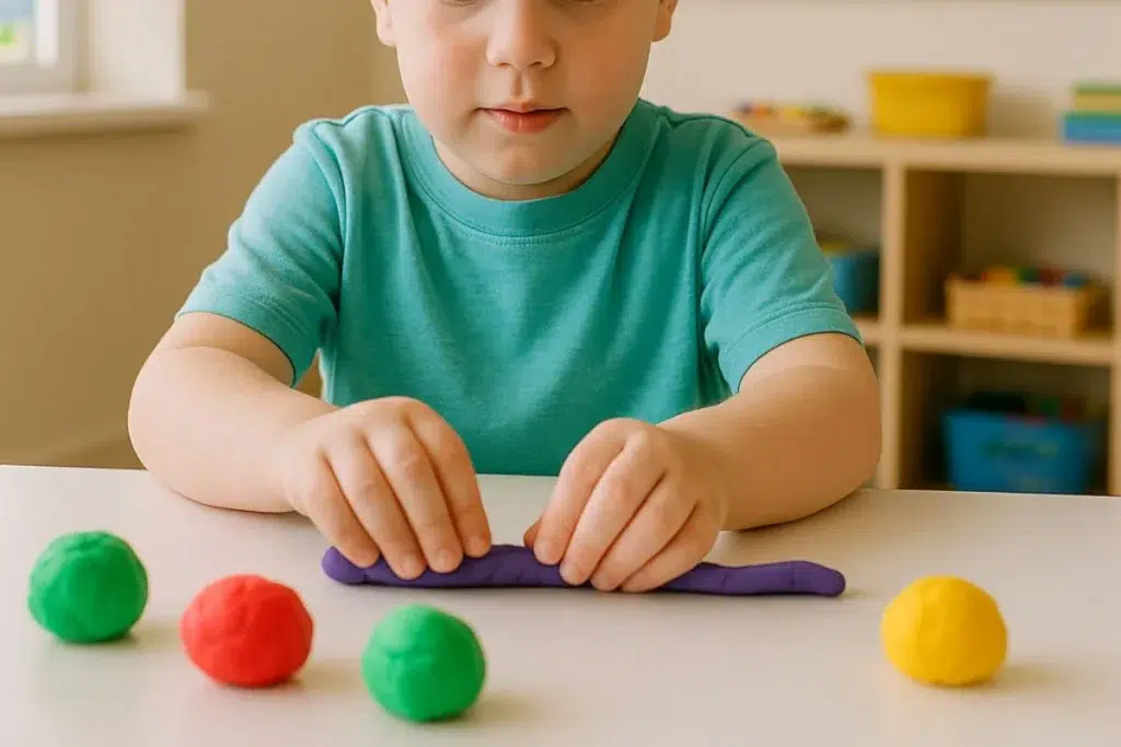 Criança realizando atividade pedagógica com massinha colorida, usada no desenvolvimento de crianças com autismo