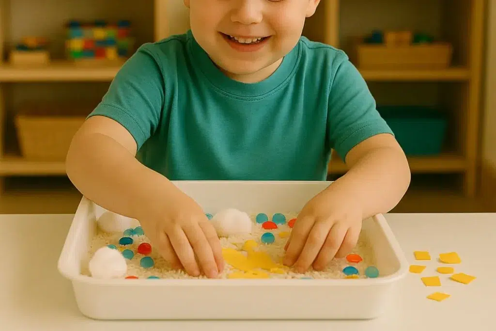  Criança explorando uma caixa sensorial com grãos e texturas em atividade pedagógica para autismo.