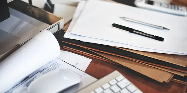 Papéis e canetas em cima da mesa de profissional de saúde.