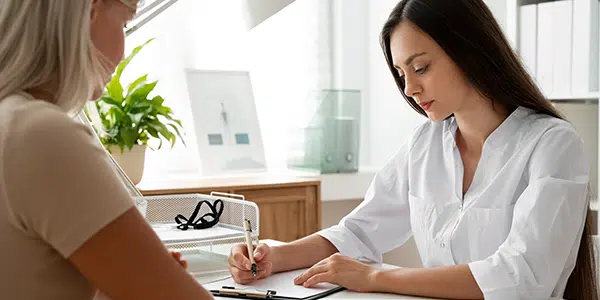 Médica ouvindo paciente e fazendo anotações em consulta