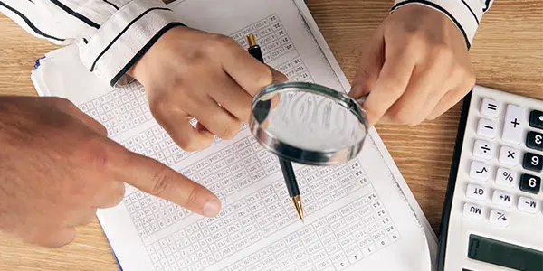 Mulher examina planilha financeira com uma lupa e uma caneca em mãos