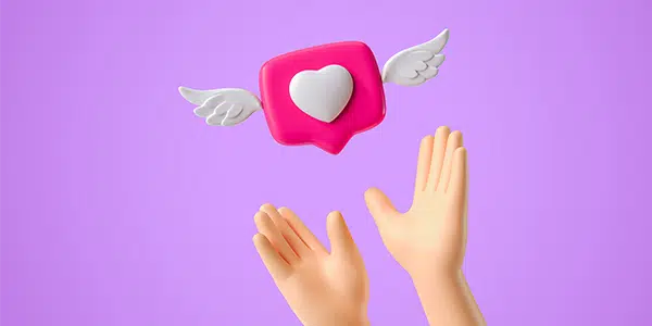 Desenho de ícone de curtidas no Instagram com asas em fundo roxo sendo alcançado por duas mãos