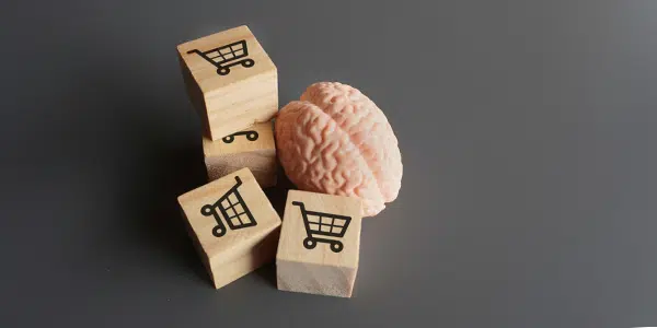 Cubos de madeira com carrinhos de mercado e pequeno cérebro de brinquedo ao lado