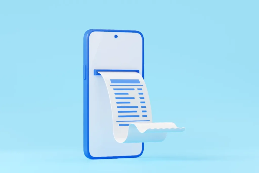 Ilustração 3D de um smartphone azul com um recibo médico longo e branco saindo da tela, simbolizando a emissão digital do documento.