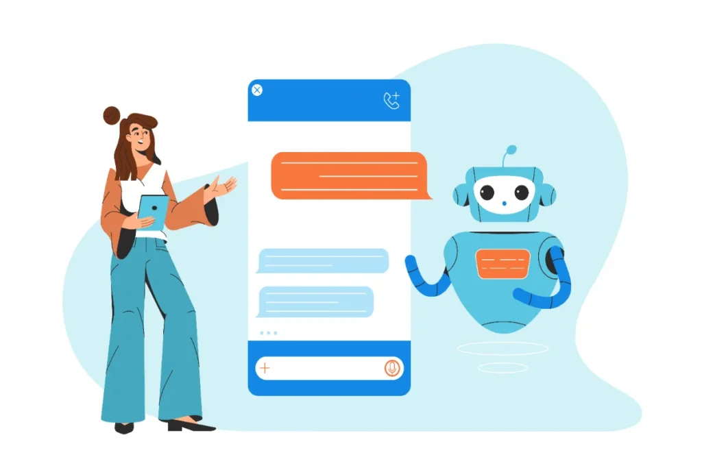 Recepcionista digital com IA e chatbot: Mulher interage com um assistente virtual robótico e um celular que exibe um chat de mensagens automatizadas para agendamento de consultas em clínicas.