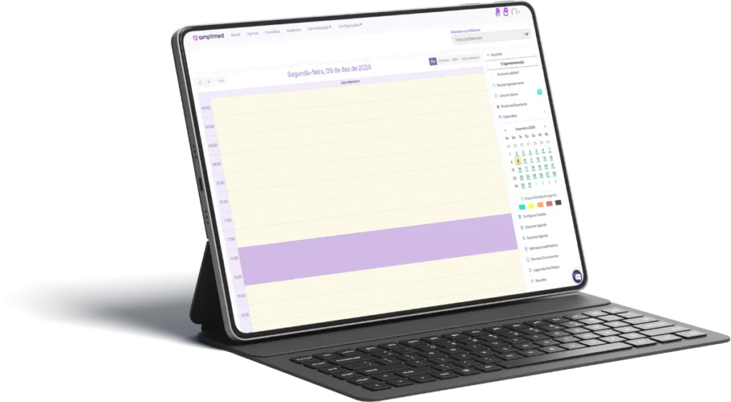 Tablet exibindo interface Amplimed com agenda da Vitat