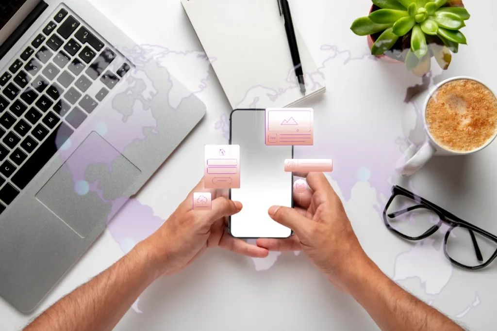 Smartphone com ícones digitais simulando reagendamento de consulta