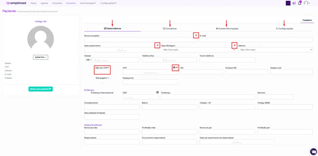 Tela de cadastro de pacientes com dados pessoais