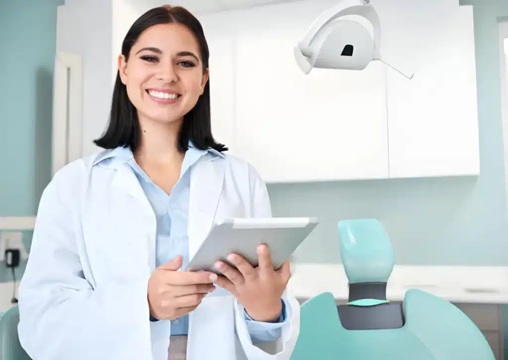 Dentista com tablet para prescrição odontológica