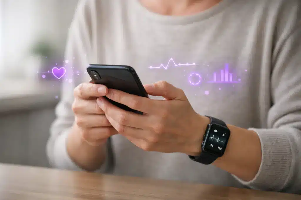 Celular, smartwatch e ícones no tema ChatGPT Health