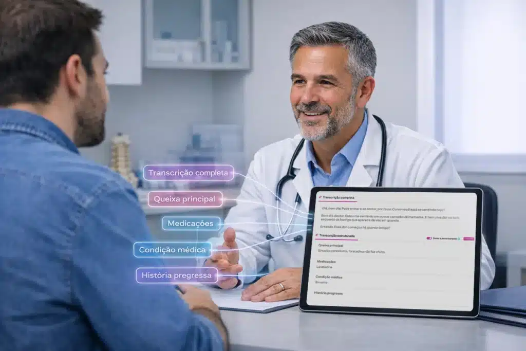 Tablet exibe IA para transcrição de consultas médicas
